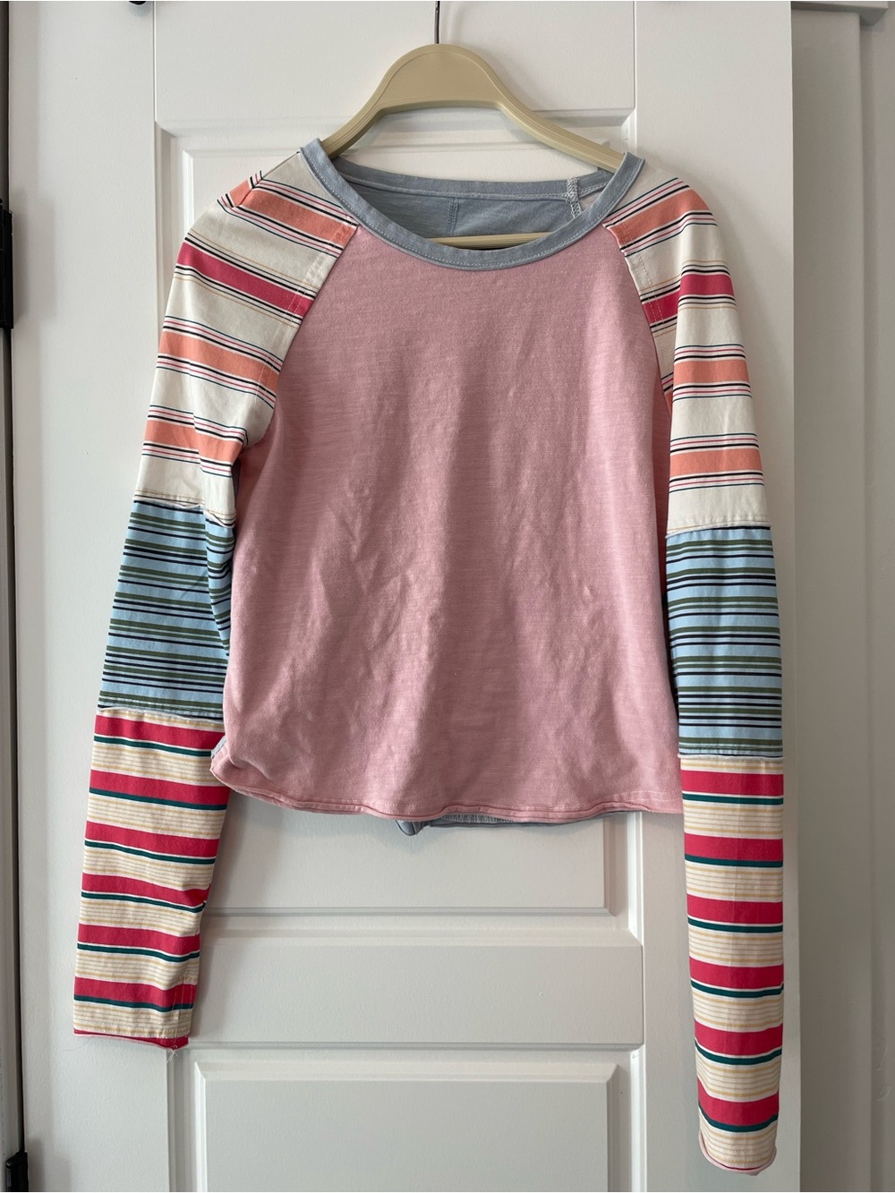 Amazon Pink Raglan Long Sleeve Top with Multicolor Stripes